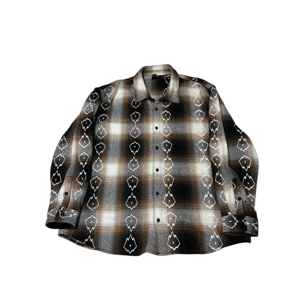 Forever 21 Men XXL Plaid Flannel Heavyweight Shirt‎ Brown Geometric Embroidery